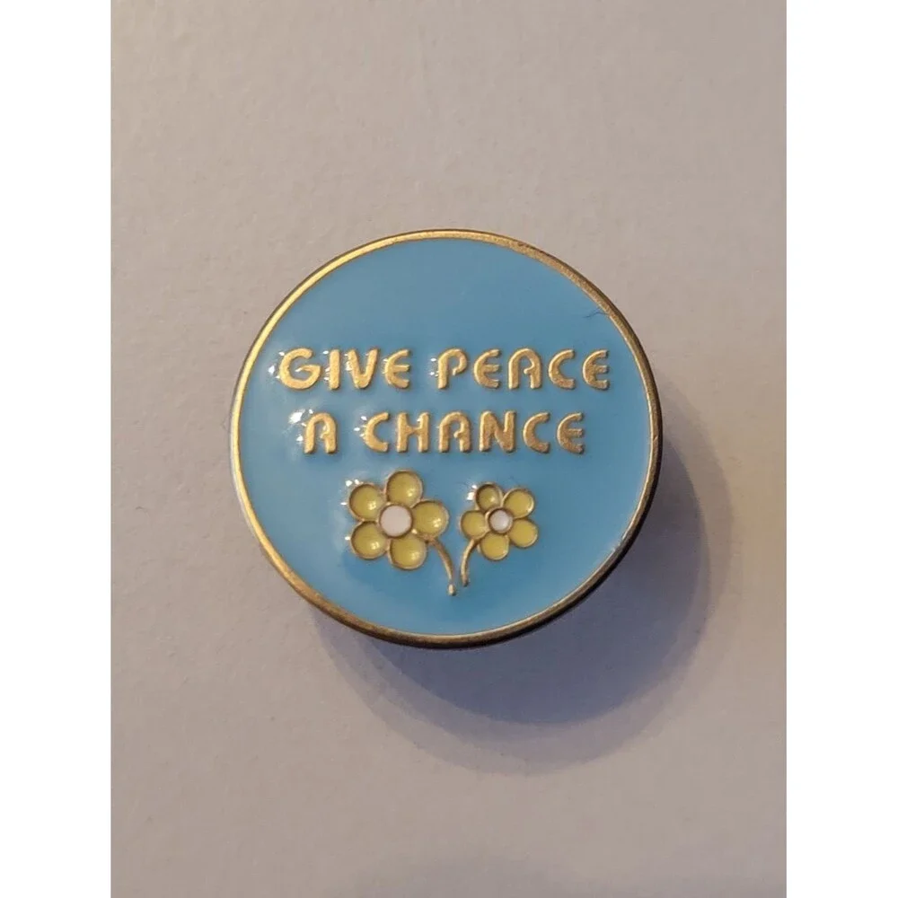 Give Peace a Chance Blue Enamel Pin with Yellow Flowers